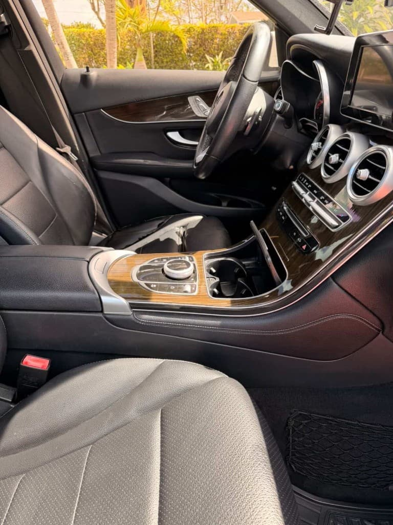 Center console with wood trim and leather seats